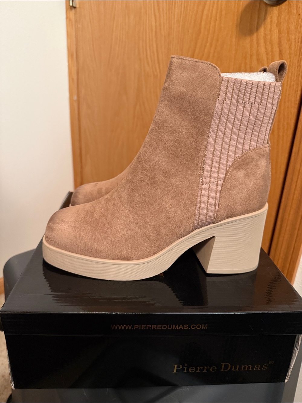 Pierre Dumas Taupe Suede Block Heel Ankle Boots